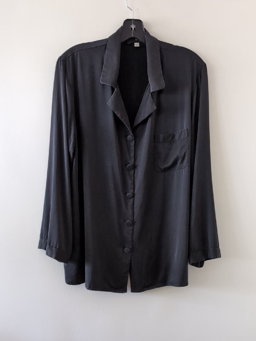 Black Satin Button-Front Blouse